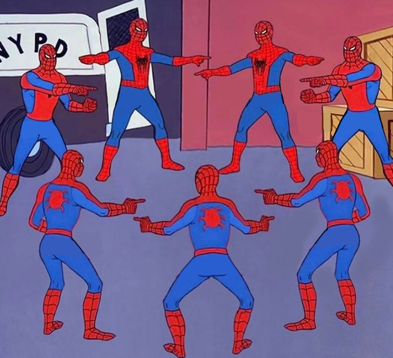 Multiple Spider-Man characters in a room with police car and door.