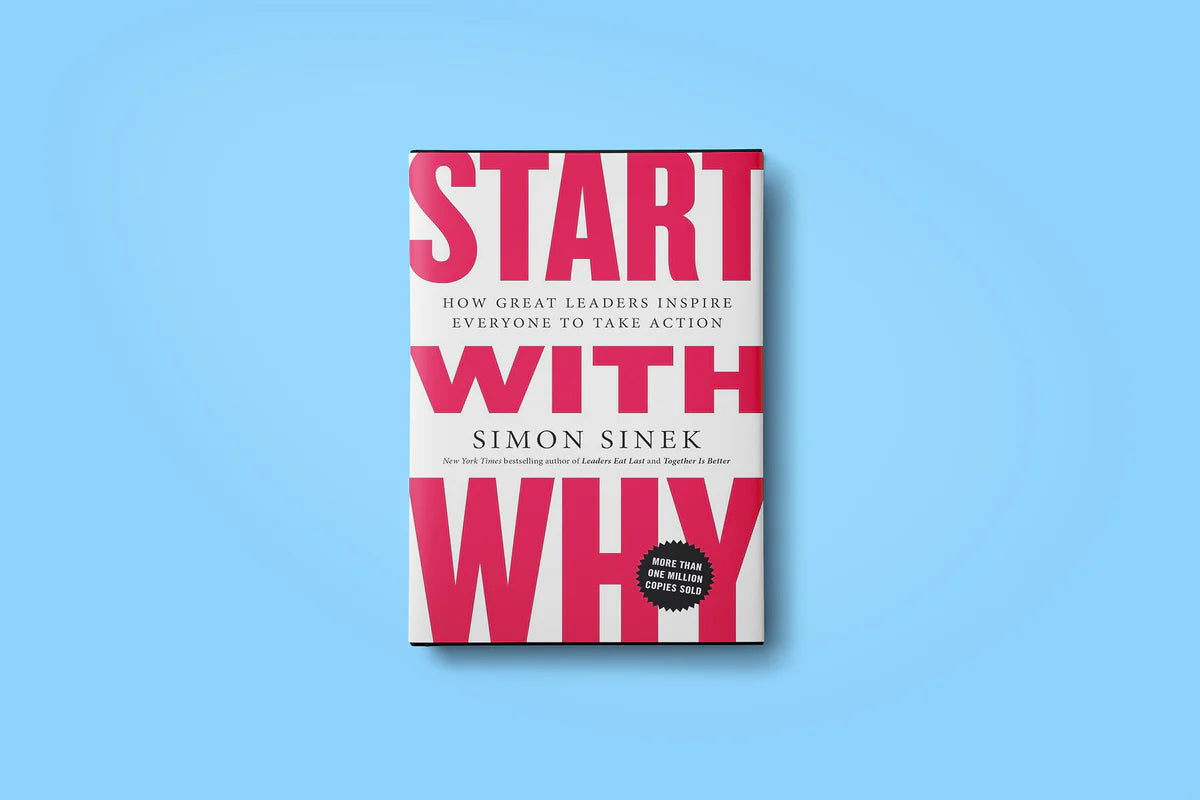 Book cover of 'Start with Why' by Simon Sinek on a blue background