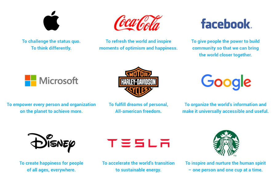 Logos of well-known companies with their mission statements on a white background