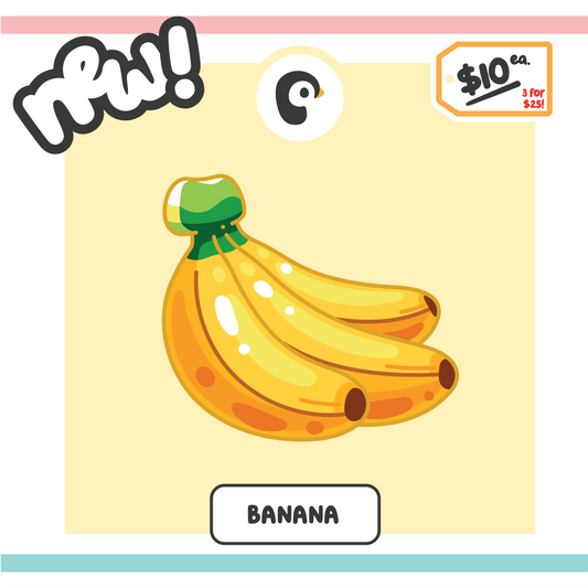 Three bananas illustration on yellow background with promotional text