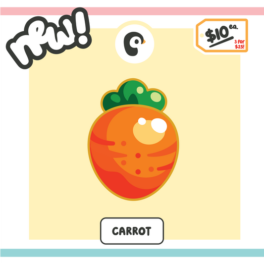 Cartoon carrot on a yellow background with promotional text.