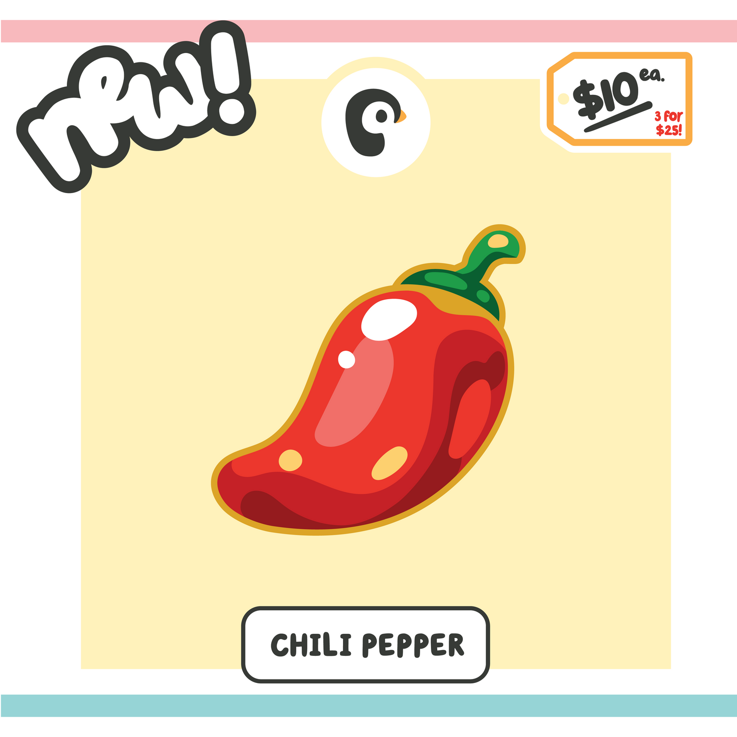 Illustration of a red chili pepper on a yellow background with promotional text.