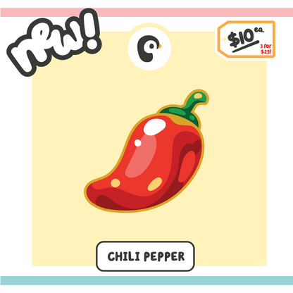 Illustration of a red chili pepper on a yellow background with promotional text.
