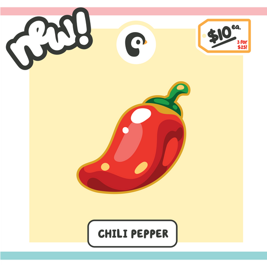 Illustration of a red chili pepper on a yellow background with promotional text.