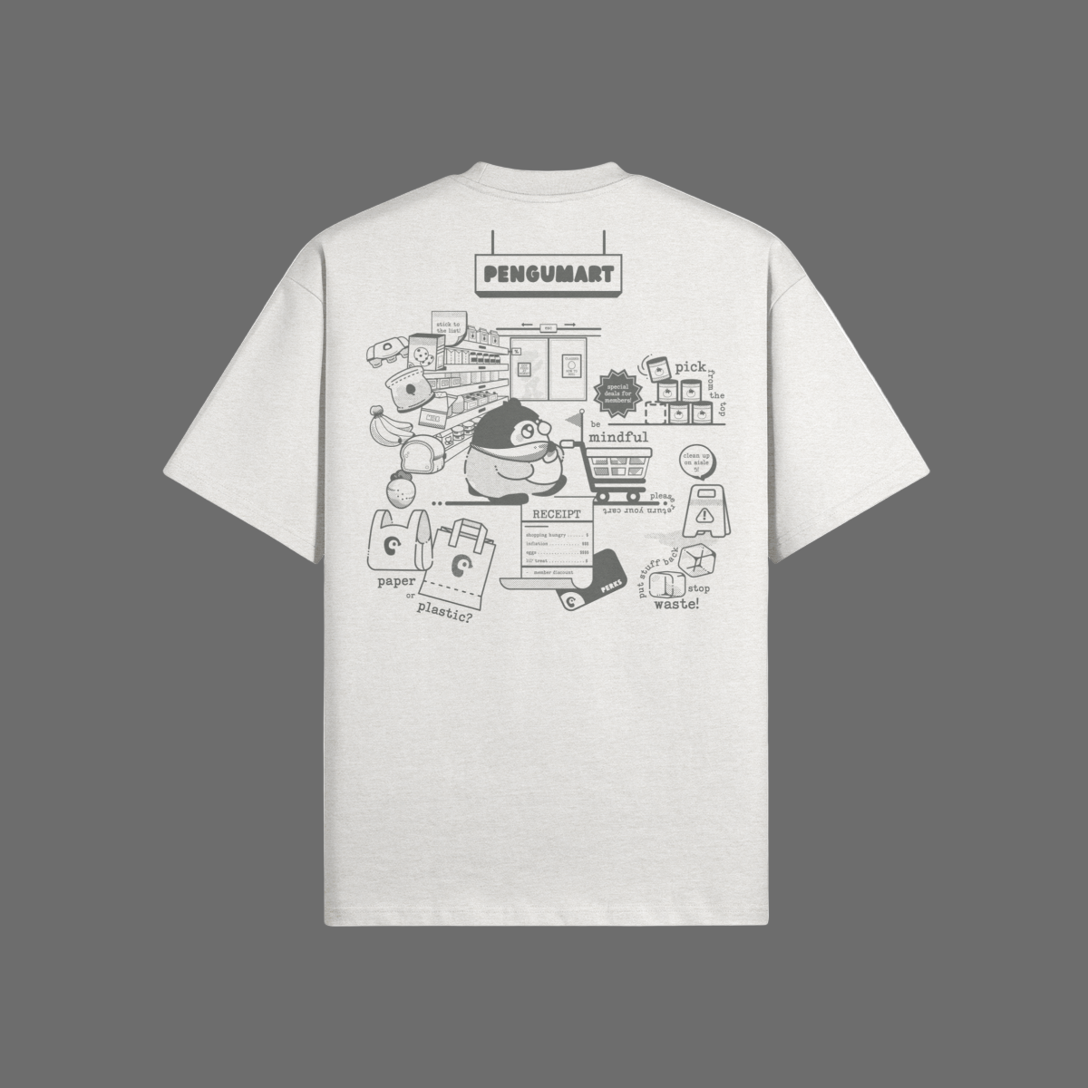White t-shirt with black graphics and text on a white background