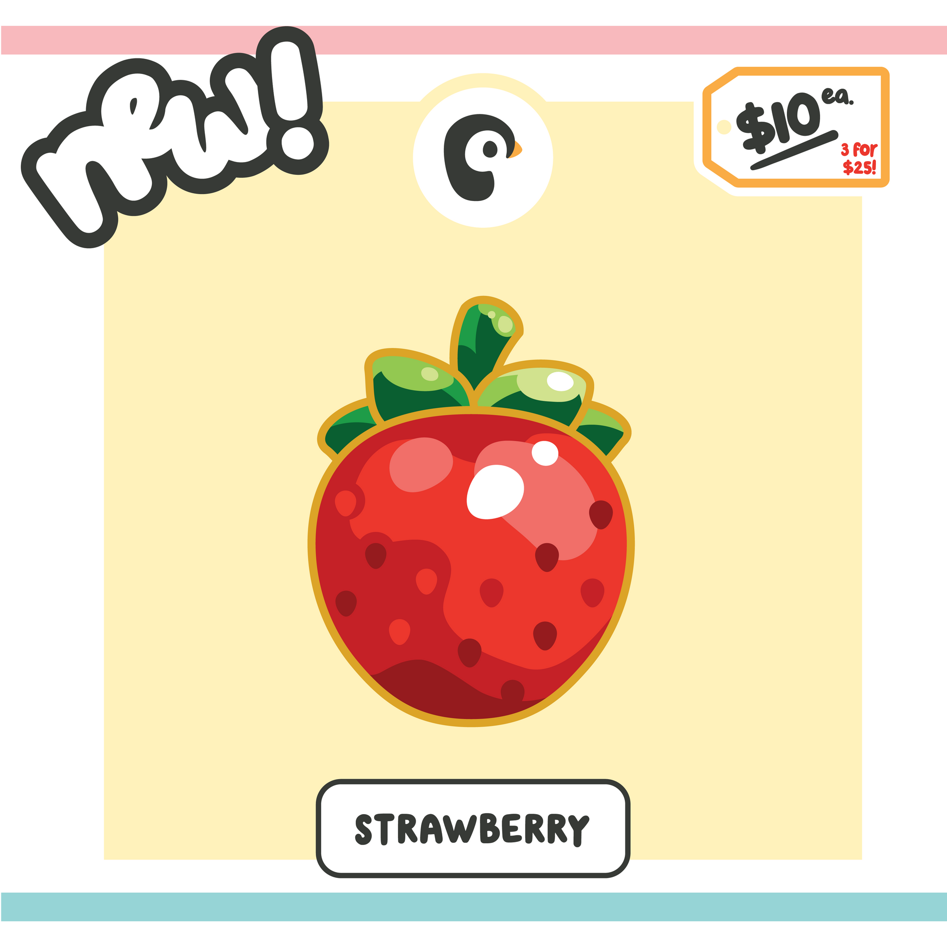 Strawberry illustration on yellow background with promotional text