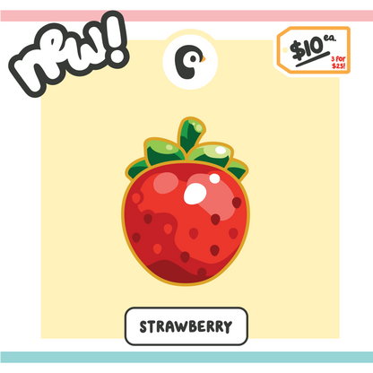 Strawberry illustration on yellow background with promotional text