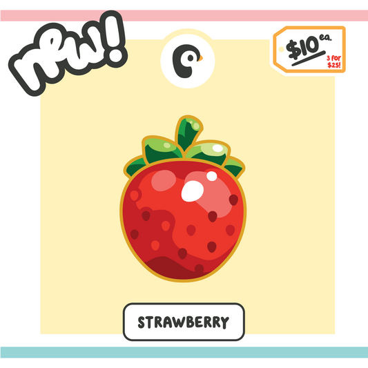 Strawberry illustration on yellow background with promotional text