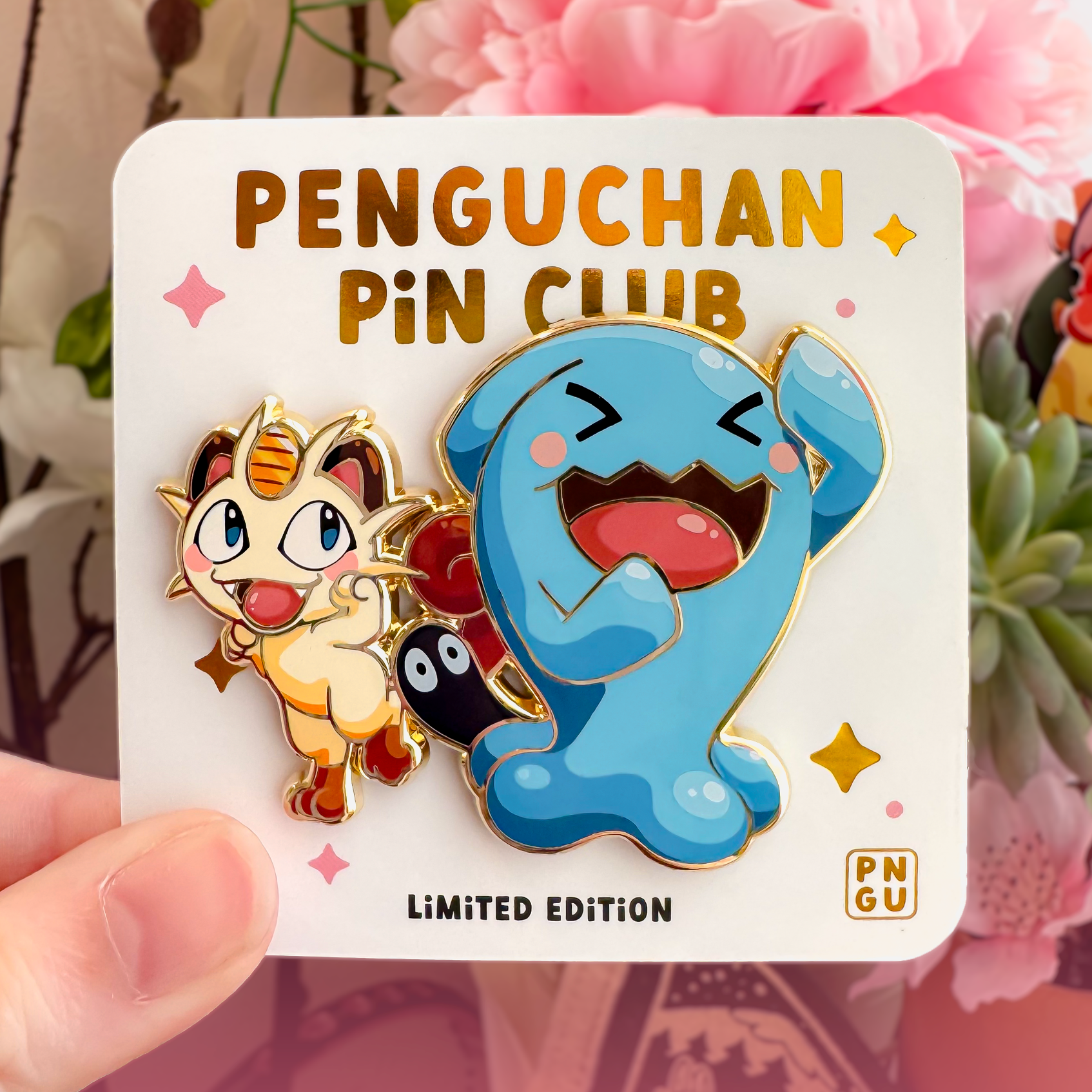Two cartoon pins on a card labeled 'PENGUCHAN PIN CLUB' with a limited edition tag.