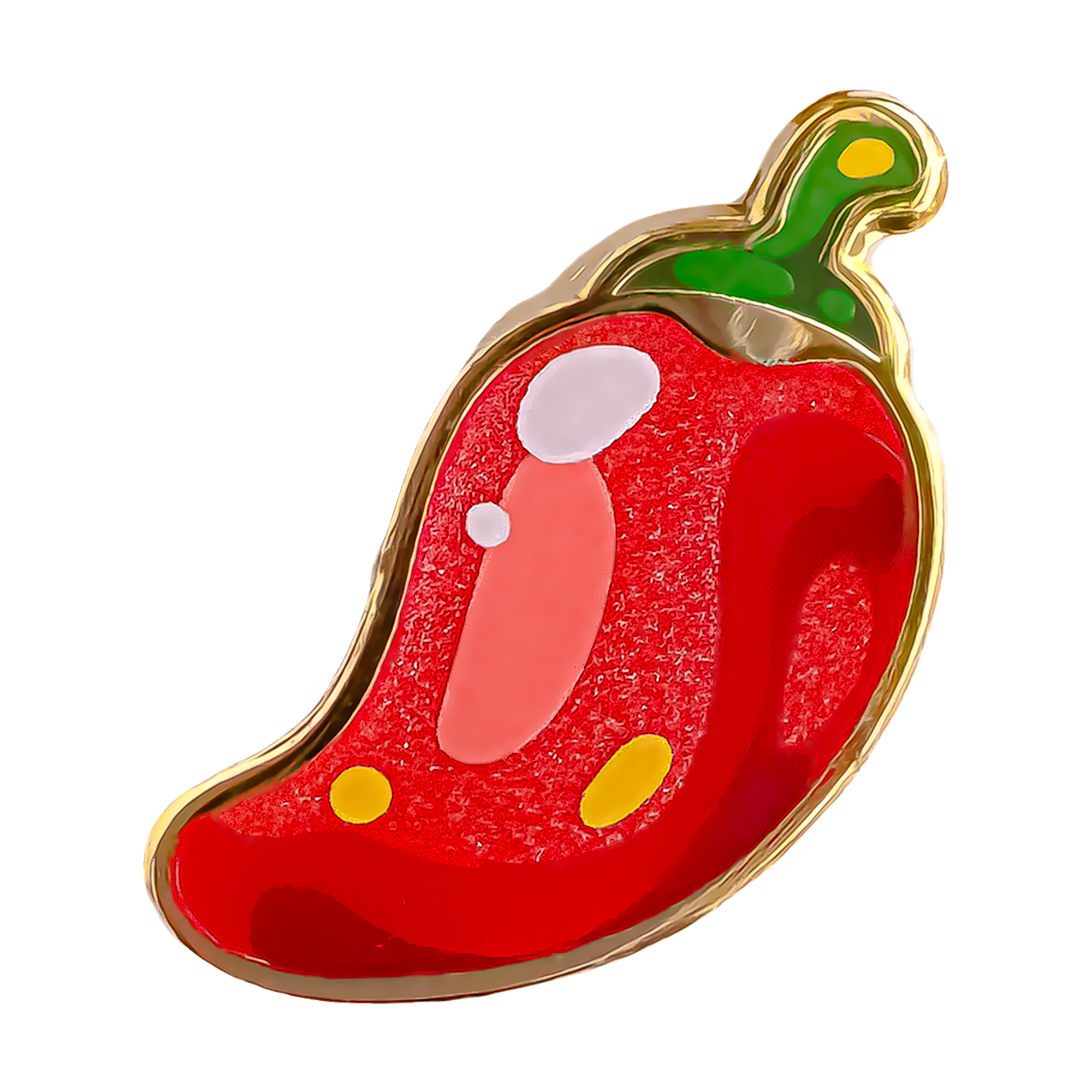 Red pepper-shaped pin with gold and green accents on a white background
