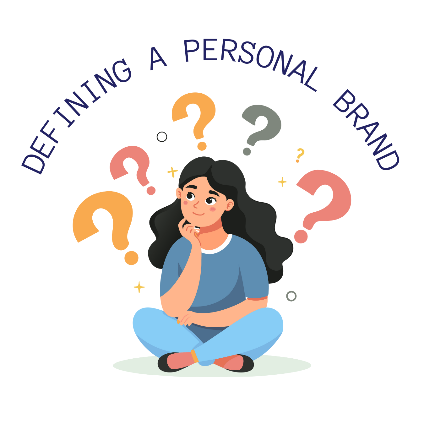 Illustration of a person sitting with question marks and text 'Defining a Personal Brand' on a white background