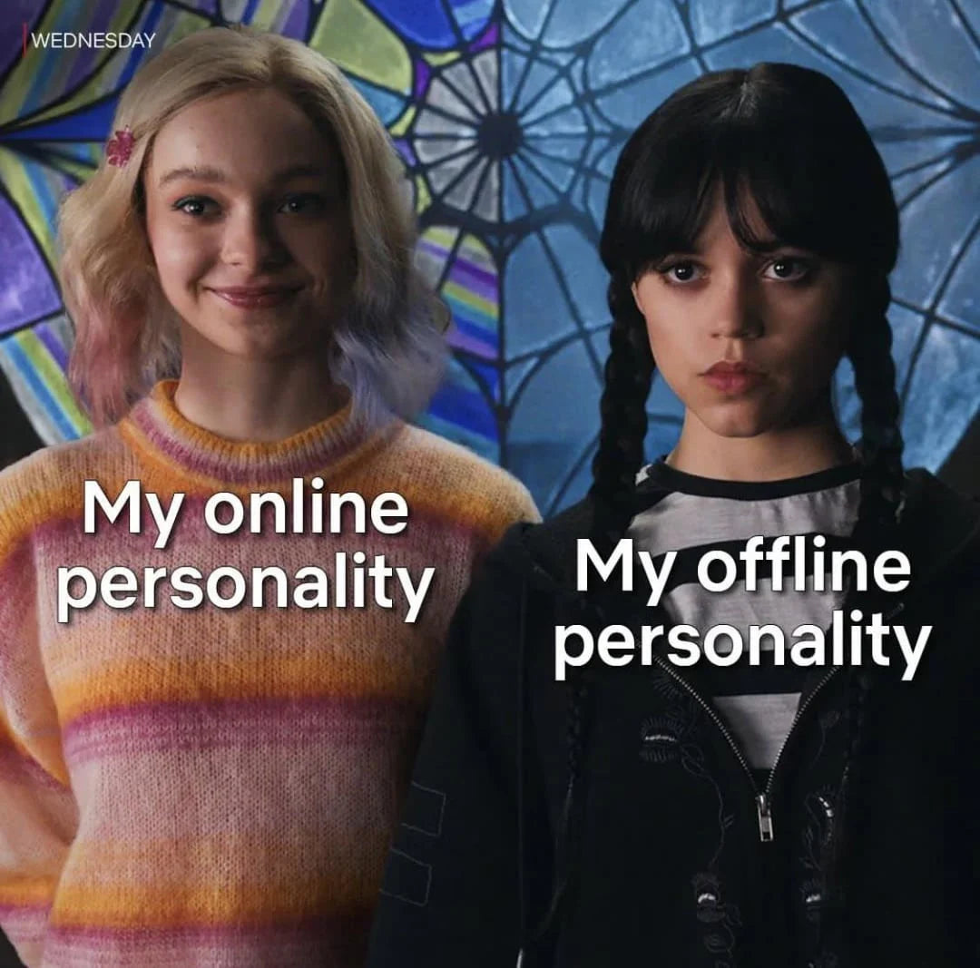Two characters from the Netflix show Wednesday with text 'My online personality' and 'My offline personality' against a stained glass window background.