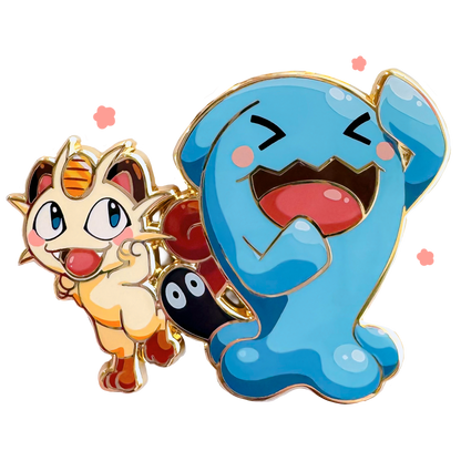 Two cartoon characters on a pin that celebrates team spirit